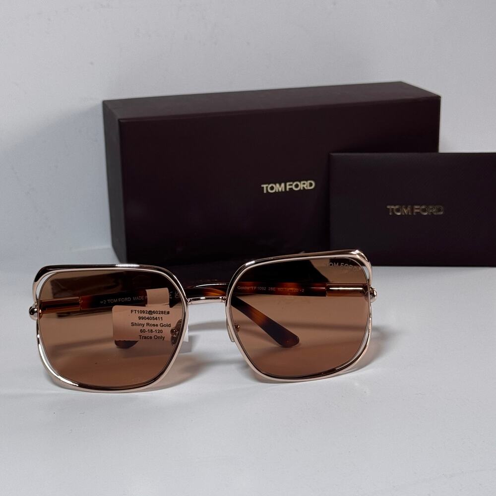 NWT Tom Ford Goldie FT1092 28E Square Sunglasses Shiny Rose Gold / Brown Lenses